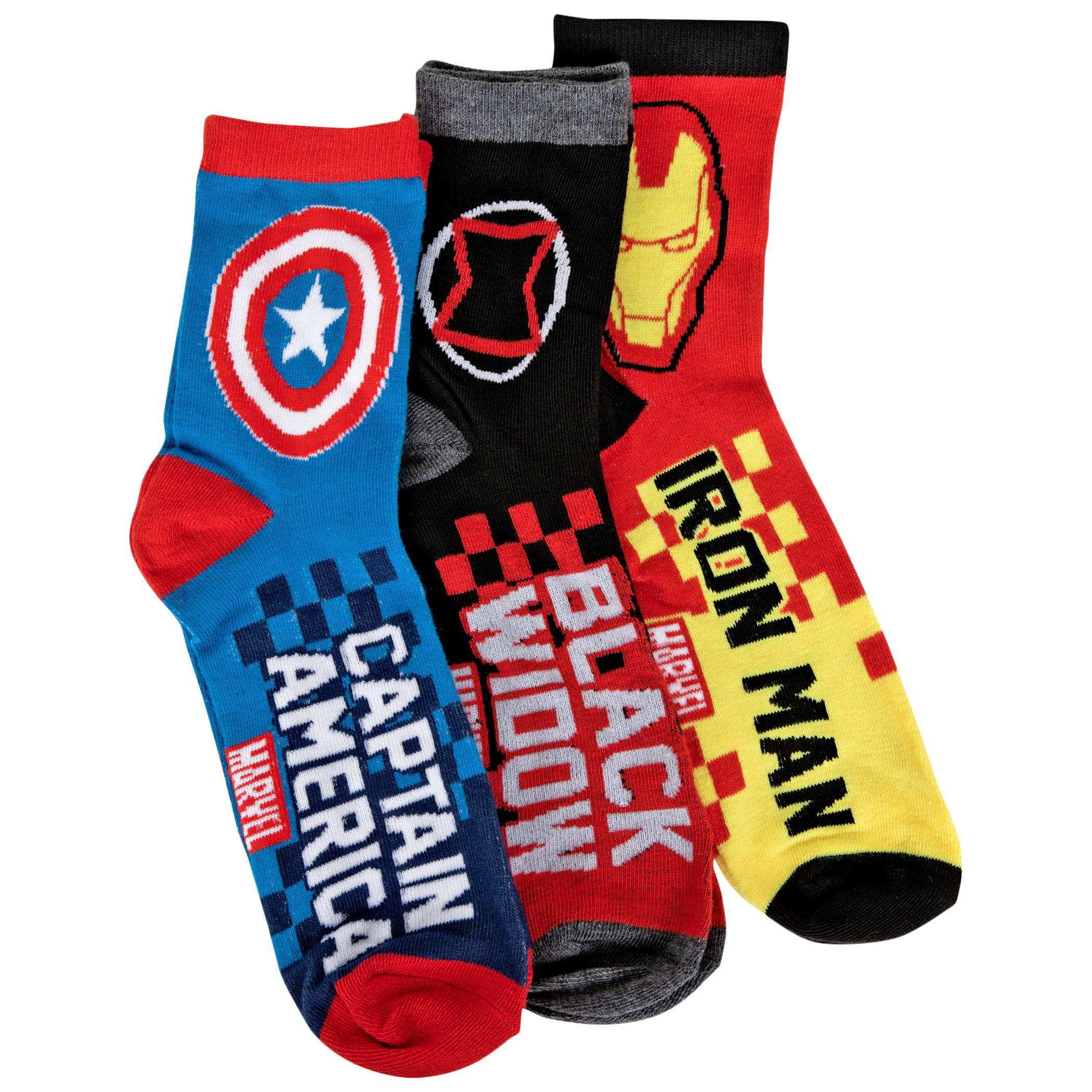 Captain America, Iron Man, and Black Widow Logos 3-Pair Pack of 3/4 Crew Socks